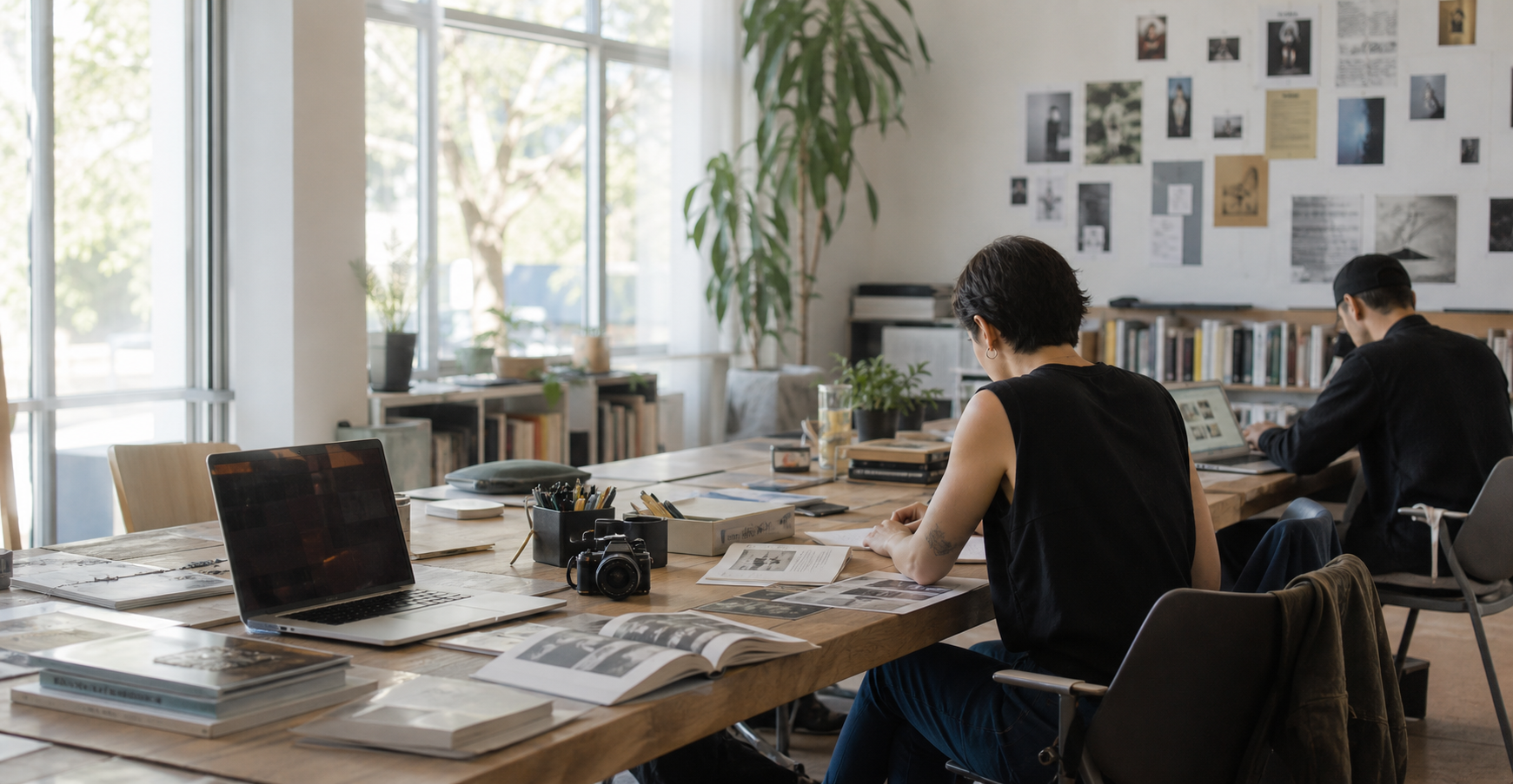 Editorial community workspace with open publishing materials and media notes.